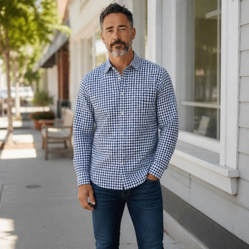 Brooks Brothers 346 Mens Slim Fit Non-Iron Gingham Button Down Shirt Blue White